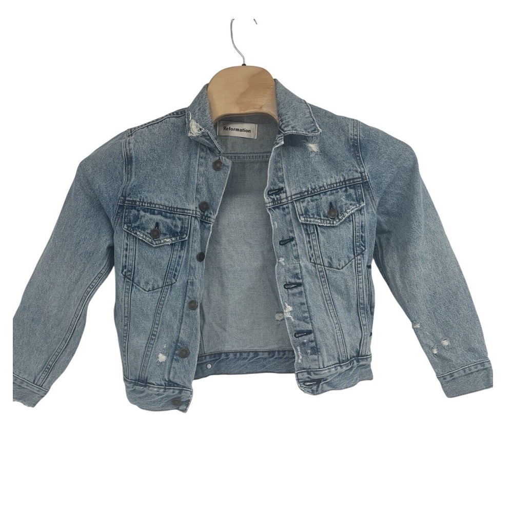 Reformation Womens Button Up Medium Wash Distressed Denim Jean Jacket Blue XS